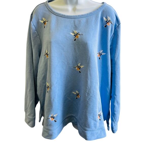 Talbots Plus 3X Blue Hummingbird Embroidered Sweatshirt Coastal Boho Cottagecore - Picture 1 of 4